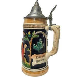 VTG Western Germany Beer Stein 0.5L Cobalt Blue Relief Tavern Scene Pewter Lid